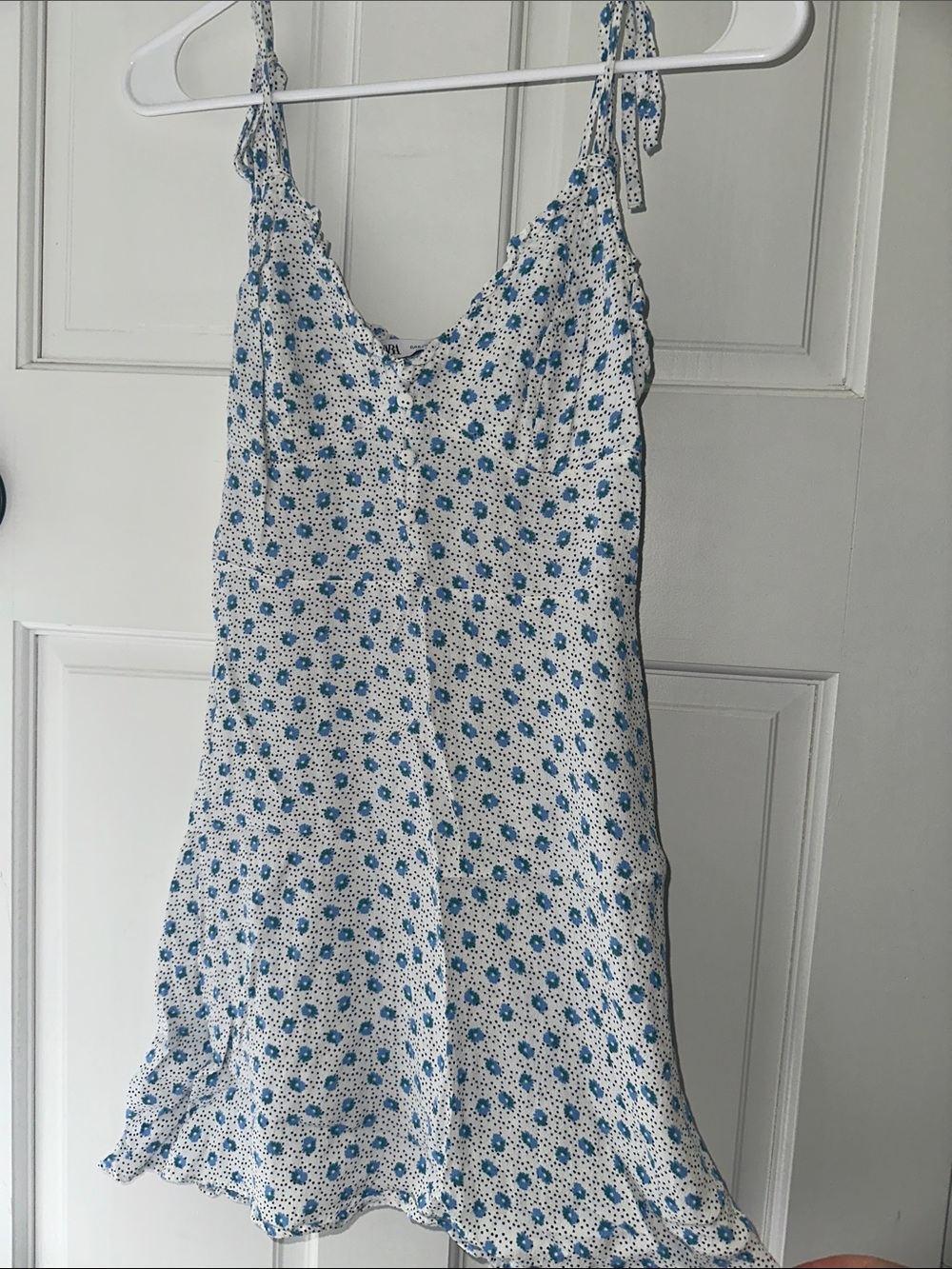Zara White Mini Slip Dress with Blue Floral Print